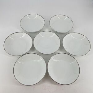 Noritake Fremont Set of 7 Dessert Bowls 5.5” White Silver Rim Japan